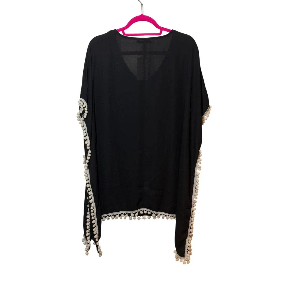 Adreamly Black Pom Pom‎ Trim Kaftan V-Neck Beach Swim Cover Up New